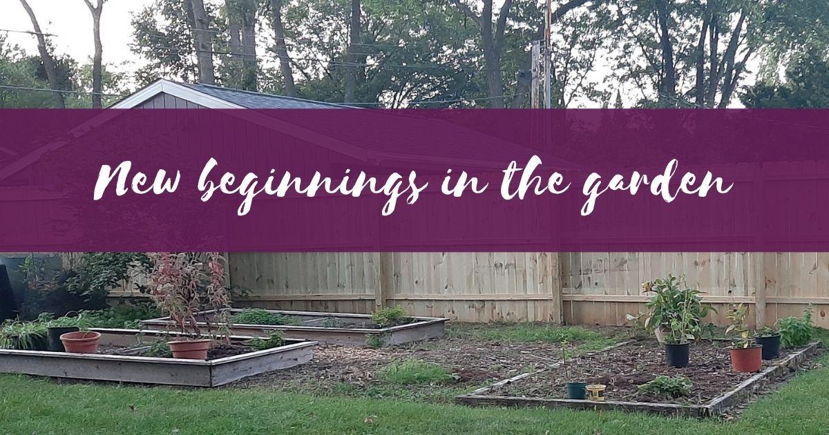 a yard with raised garden beds, says "herbal beginnings in the garden:
