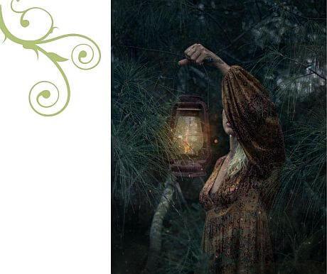 lady holding lantern in one hand, darkness