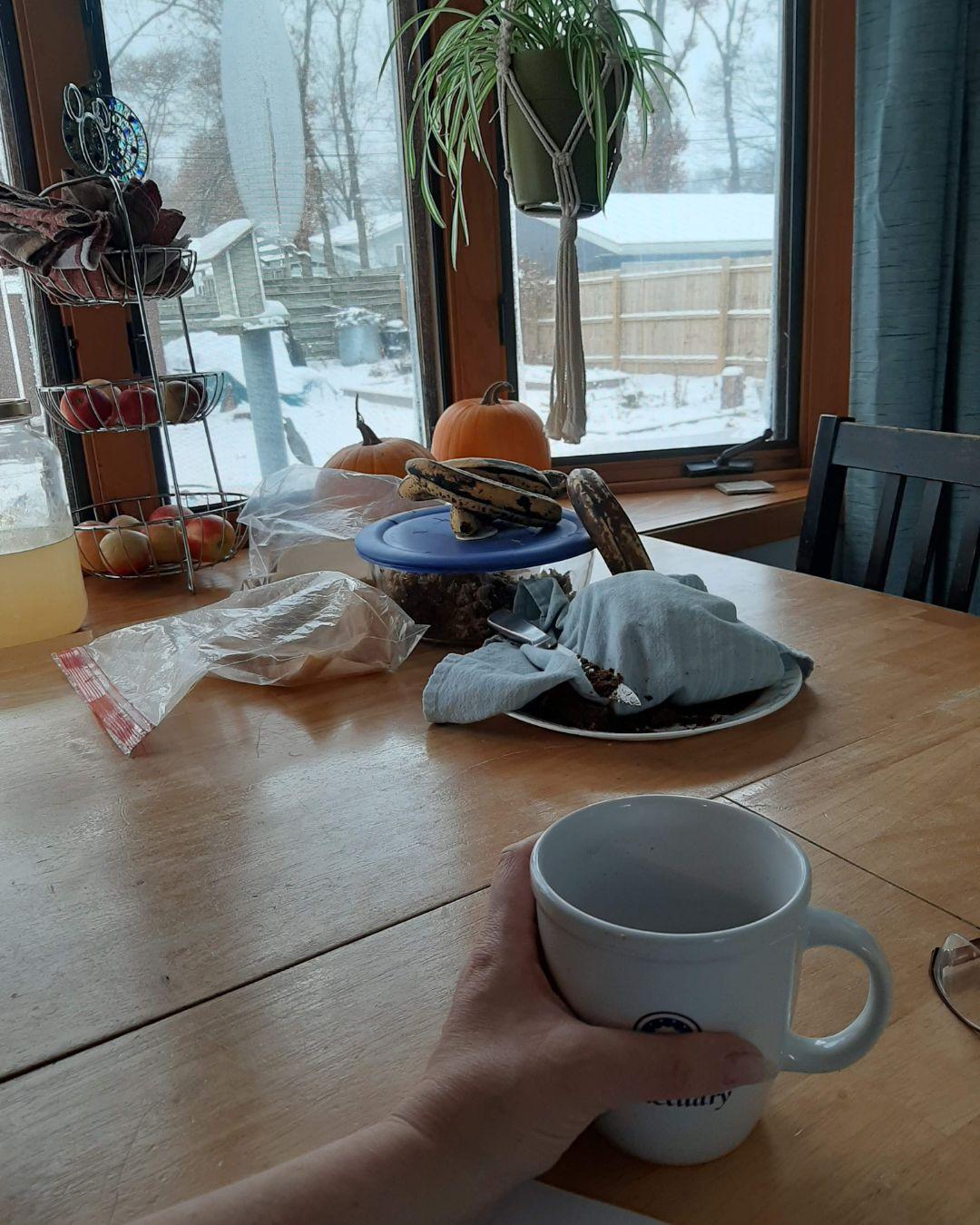 a table with a hand holding a mug in the foreground, further on the table is pumpkins, apples, bananas. Window shows a winter outdoor seen. 