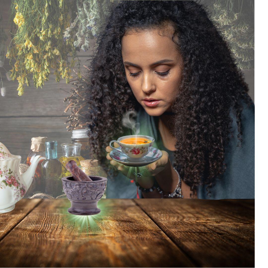 a women looking at a cup of tea<br />

